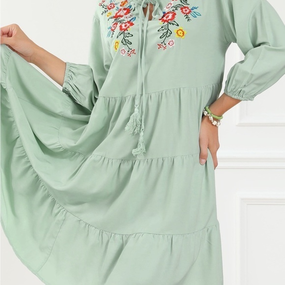 Embroidered Tie Neck Dropped Shoulder Mini Dress